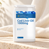 Cod Liver Oil High Strength 1000mg original packaging on pale stone in soft daylight