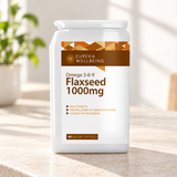 Flaxseed Oil 1000mg packaging on pale stone in soft natural studio light