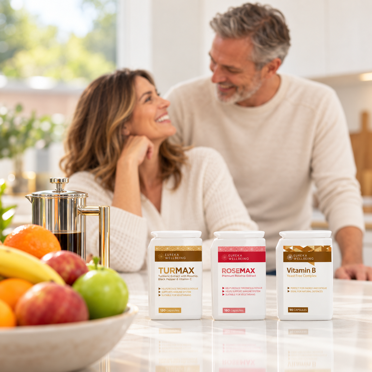 Eureka supplements on a kitchen counter with a couple in the background
